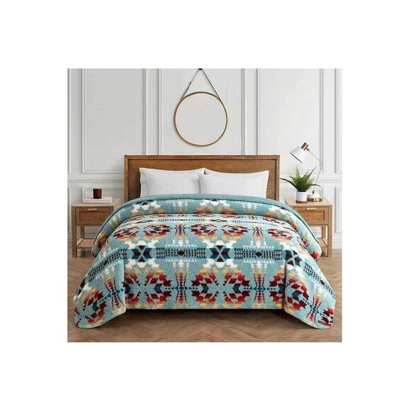 Pendleton Geo Sherpa Fleece Machine Washable Blanket Legend Lake Aqua Queen Sz - Picture 1 of 14